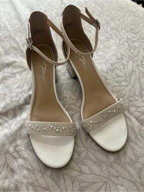 Betsey Johnson White Pearl-Embellished Ankle Strap Block Heels